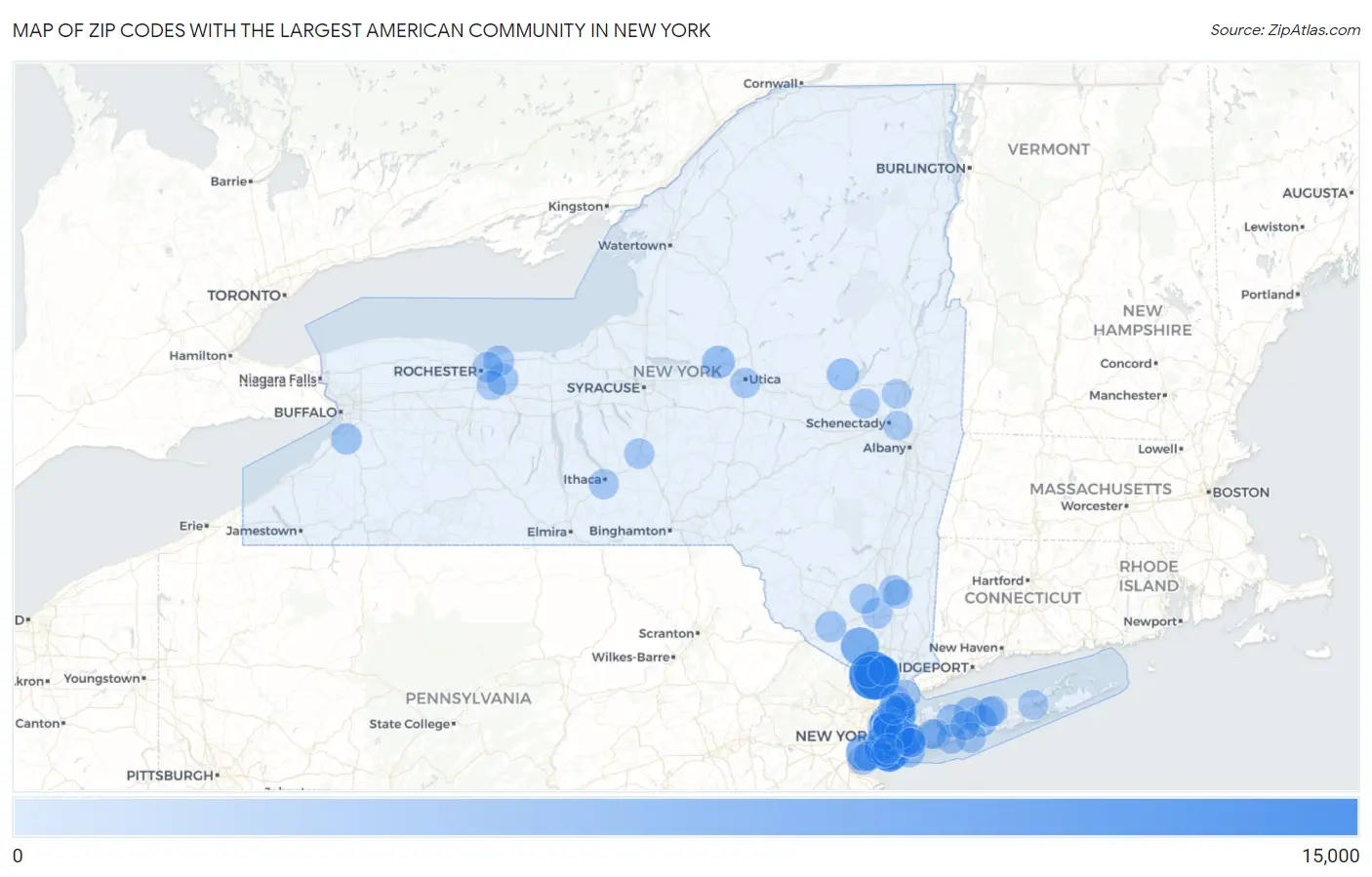 Zip Codes with the Largest American Community in New York Map