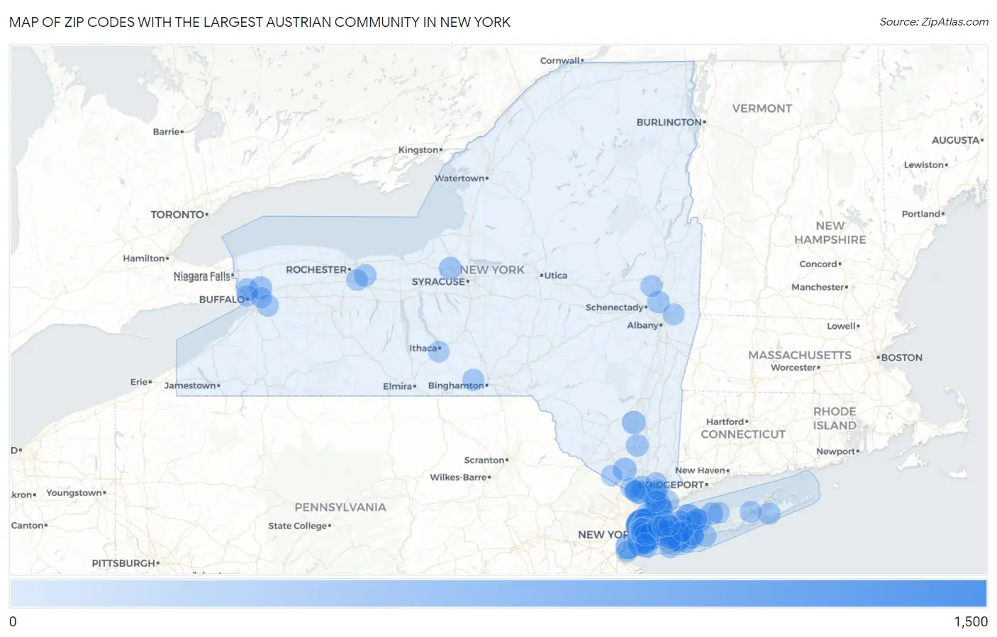 Zip Codes with the Largest Austrian Community in New York Map