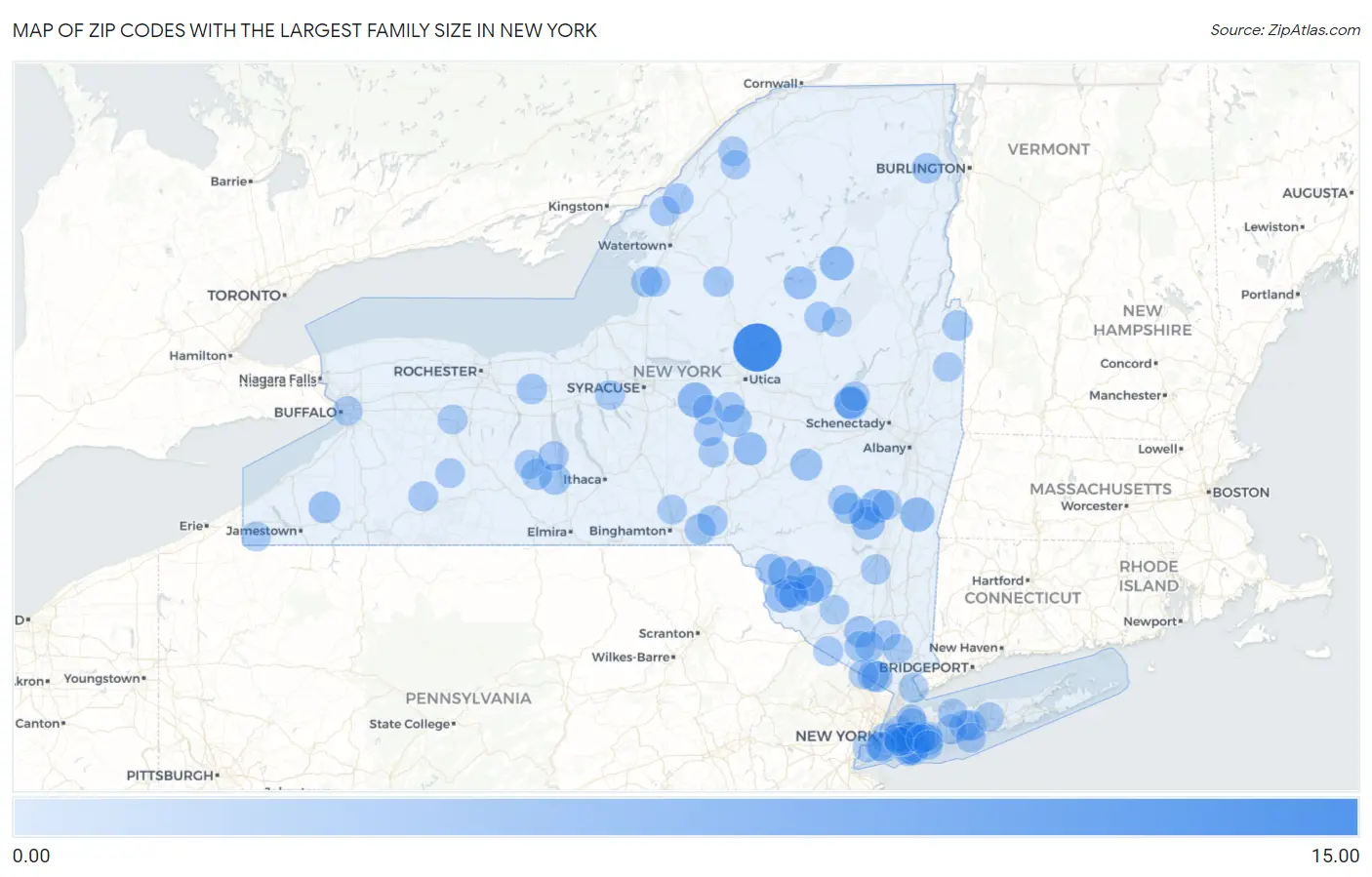 Zip Codes with the Largest Family Size in New York Map