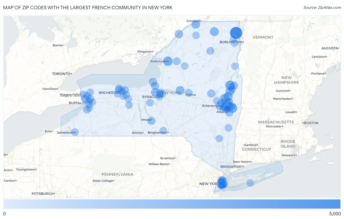 Zip Codes with the Largest French Community in New York Map