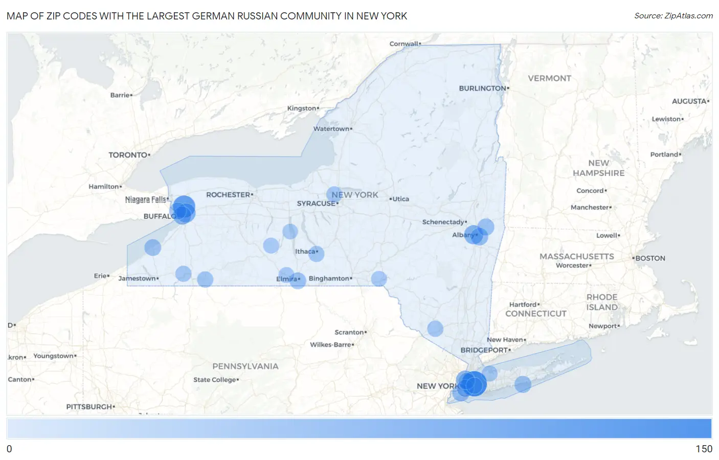 Zip Codes with the Largest German Russian Community in New York Map