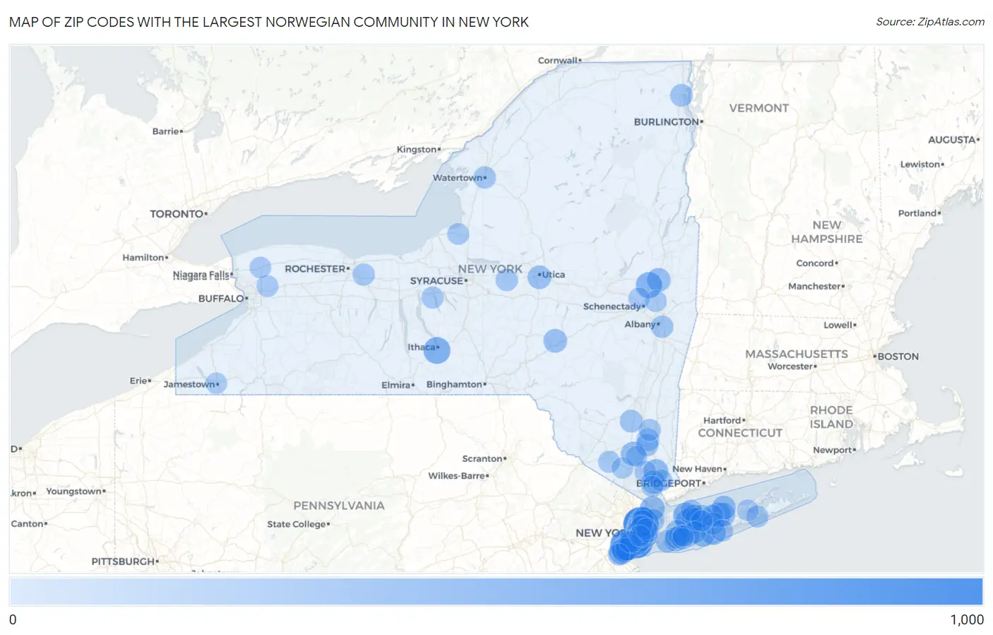 Zip Codes with the Largest Norwegian Community in New York Map