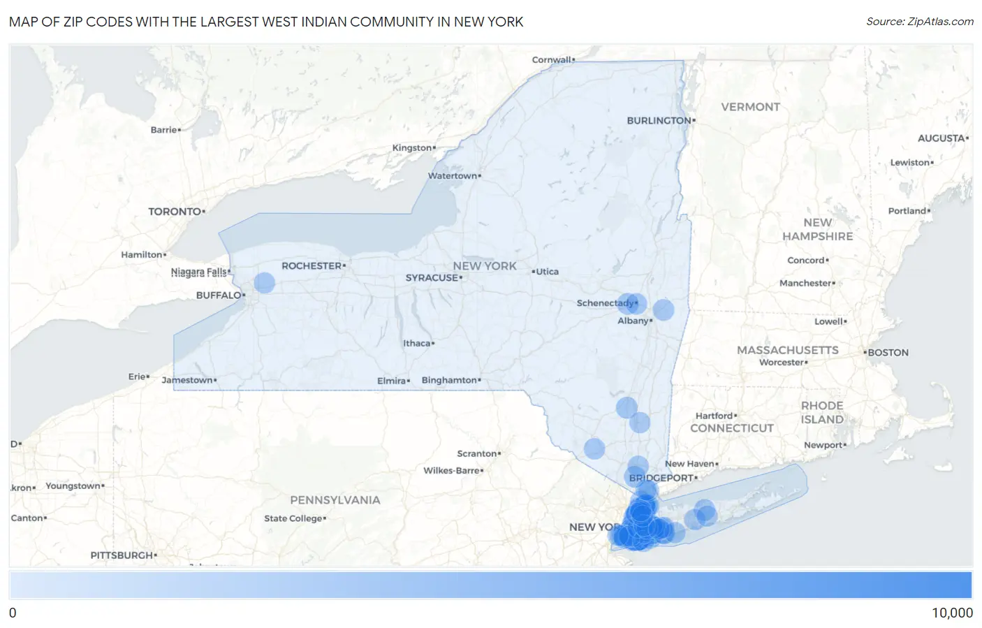 Zip Codes with the Largest West Indian Community in New York Map