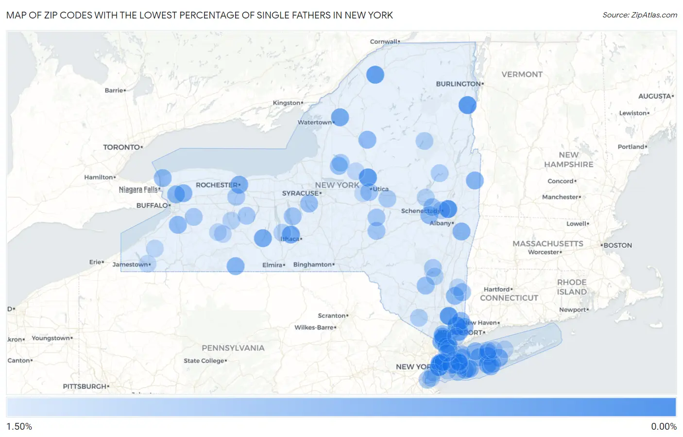 Zip Codes with the Lowest Percentage of Single Fathers in New York Map