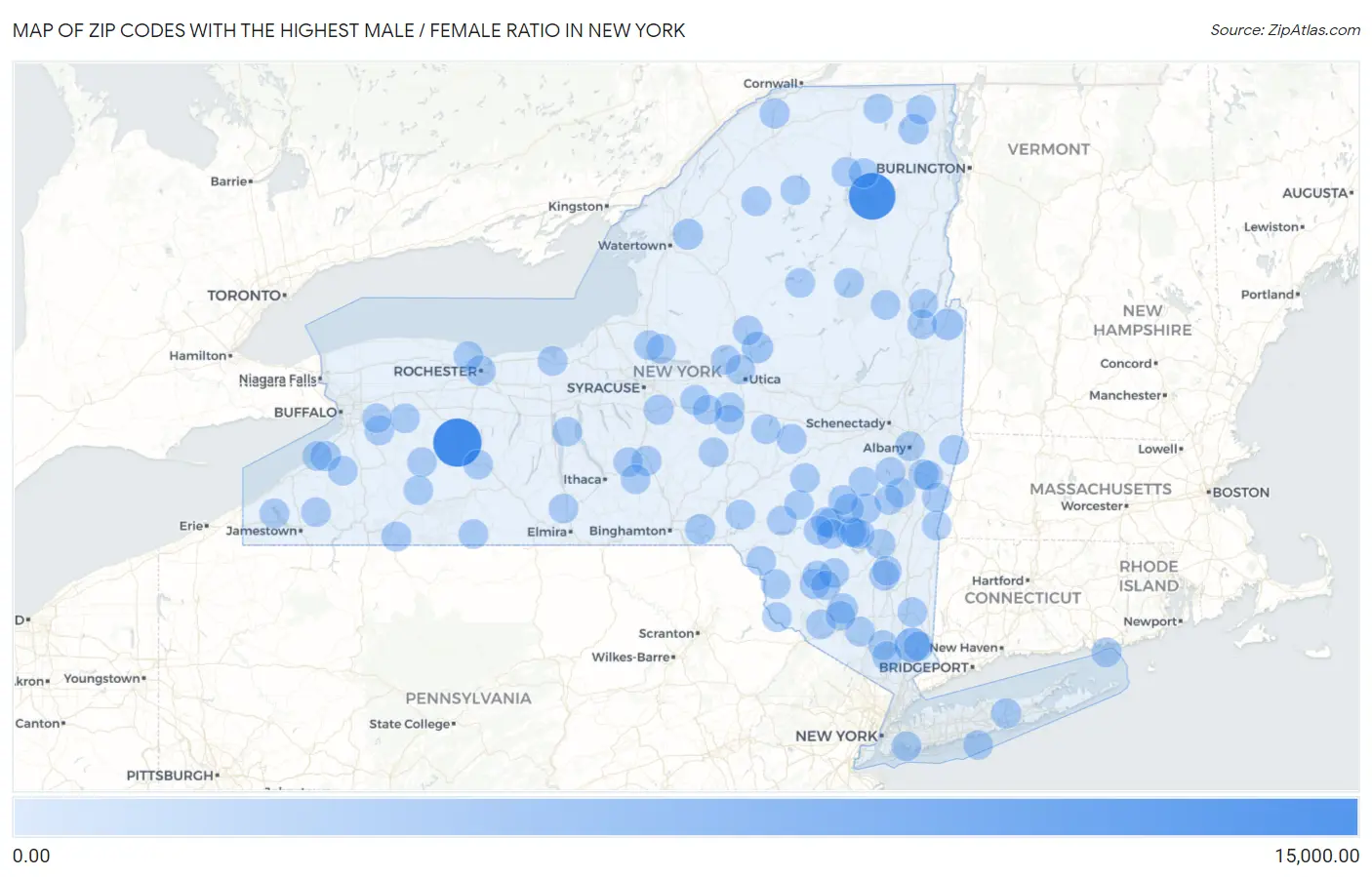 Zip Codes with the Highest Male / Female Ratio in New York Map