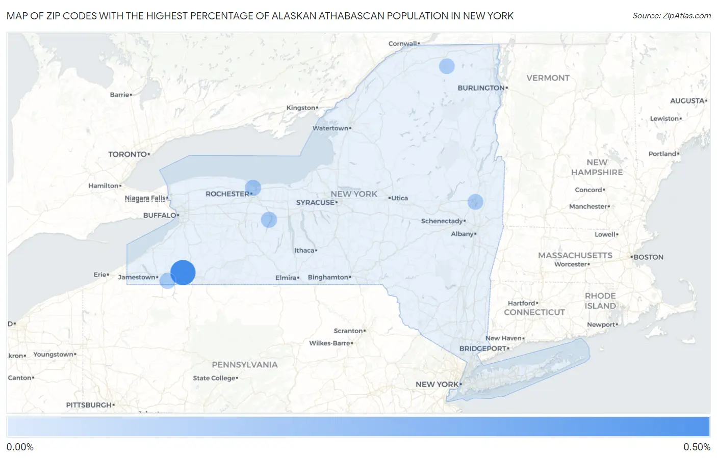 Zip Codes with the Highest Percentage of Alaskan Athabascan Population in New York Map