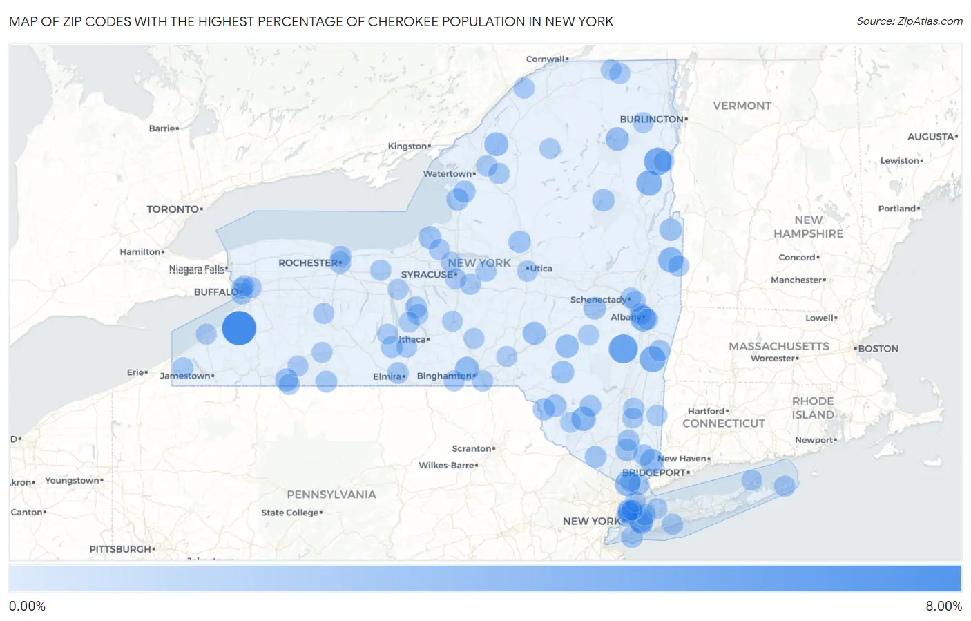 Zip Codes with the Highest Percentage of Cherokee Population in New York Map