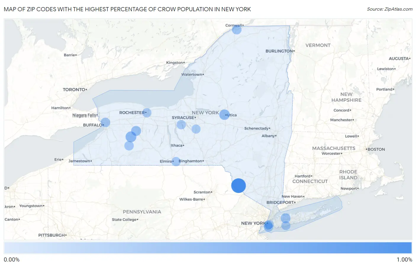 Zip Codes with the Highest Percentage of Crow Population in New York Map