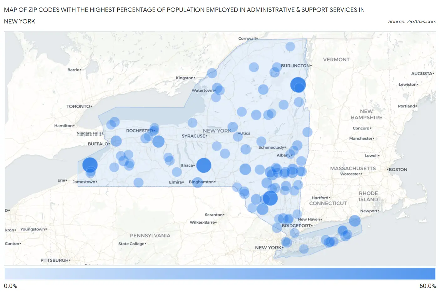 Zip Codes with the Highest Percentage of Population Employed in Administrative & Support Services in New York Map