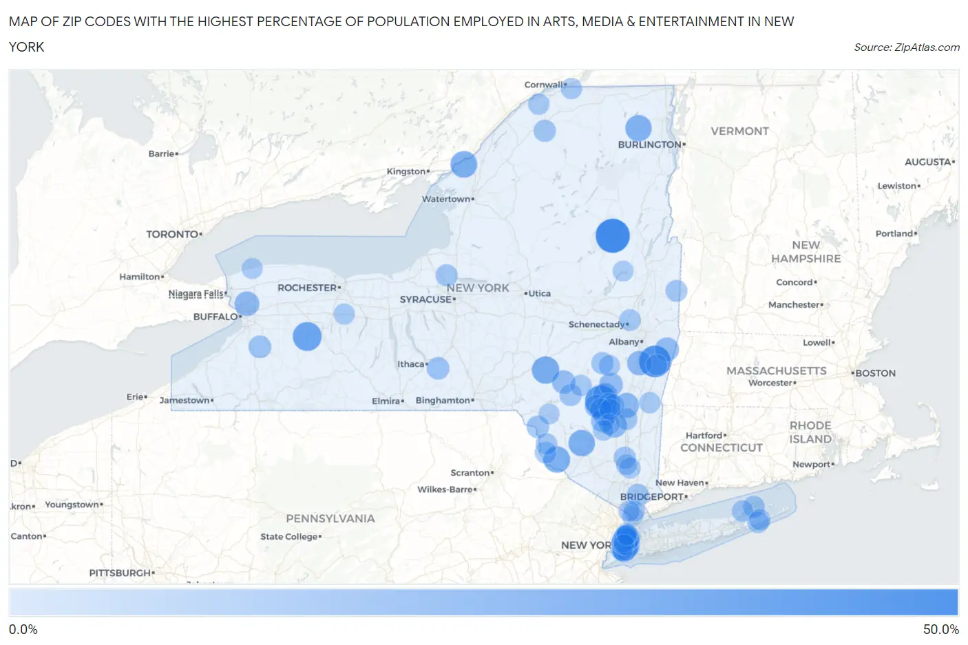 Zip Codes with the Highest Percentage of Population Employed in Arts, Media & Entertainment in New York Map
