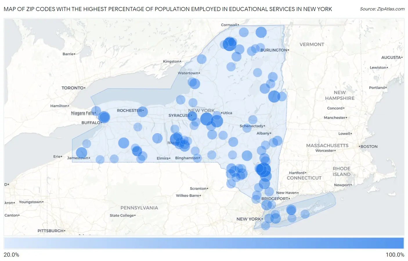 Zip Codes with the Highest Percentage of Population Employed in Educational Services in New York Map