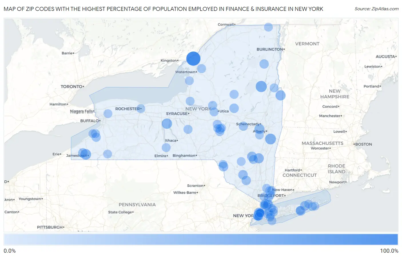 Zip Codes with the Highest Percentage of Population Employed in Finance & Insurance in New York Map
