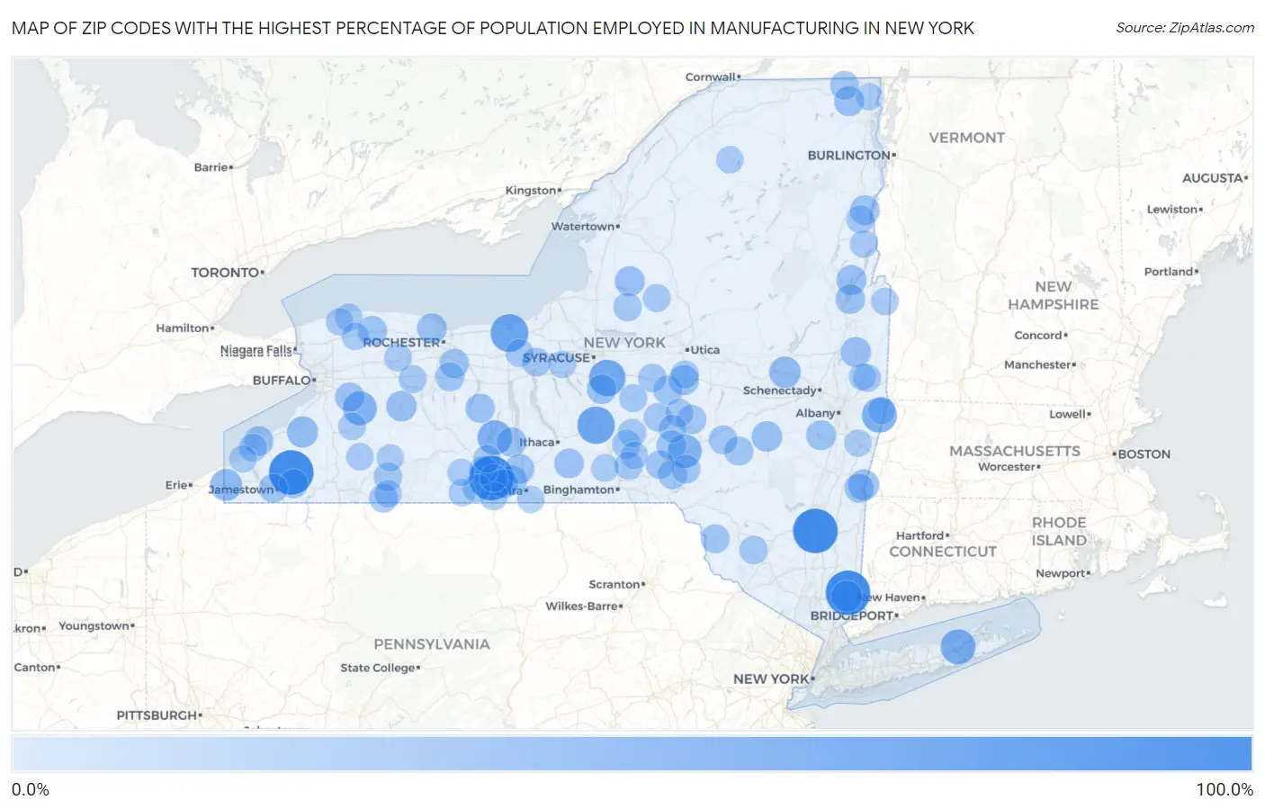 Zip Codes with the Highest Percentage of Population Employed in Manufacturing in New York Map
