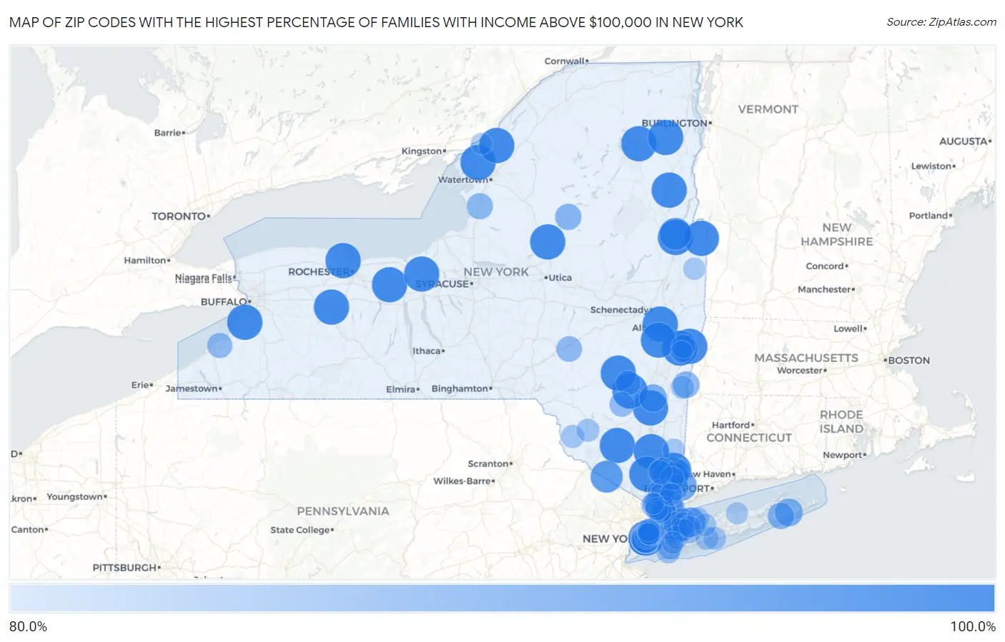 Zip Codes with the Highest Percentage of Families with Income Above $100,000 in New York Map
