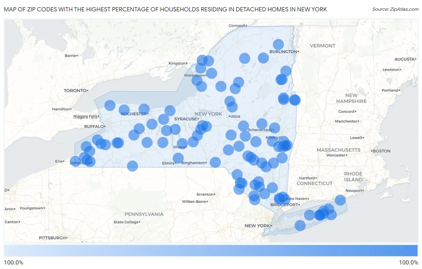 Zip Codes with the Highest Percentage of Households Residing in Detached Homes in New York Map