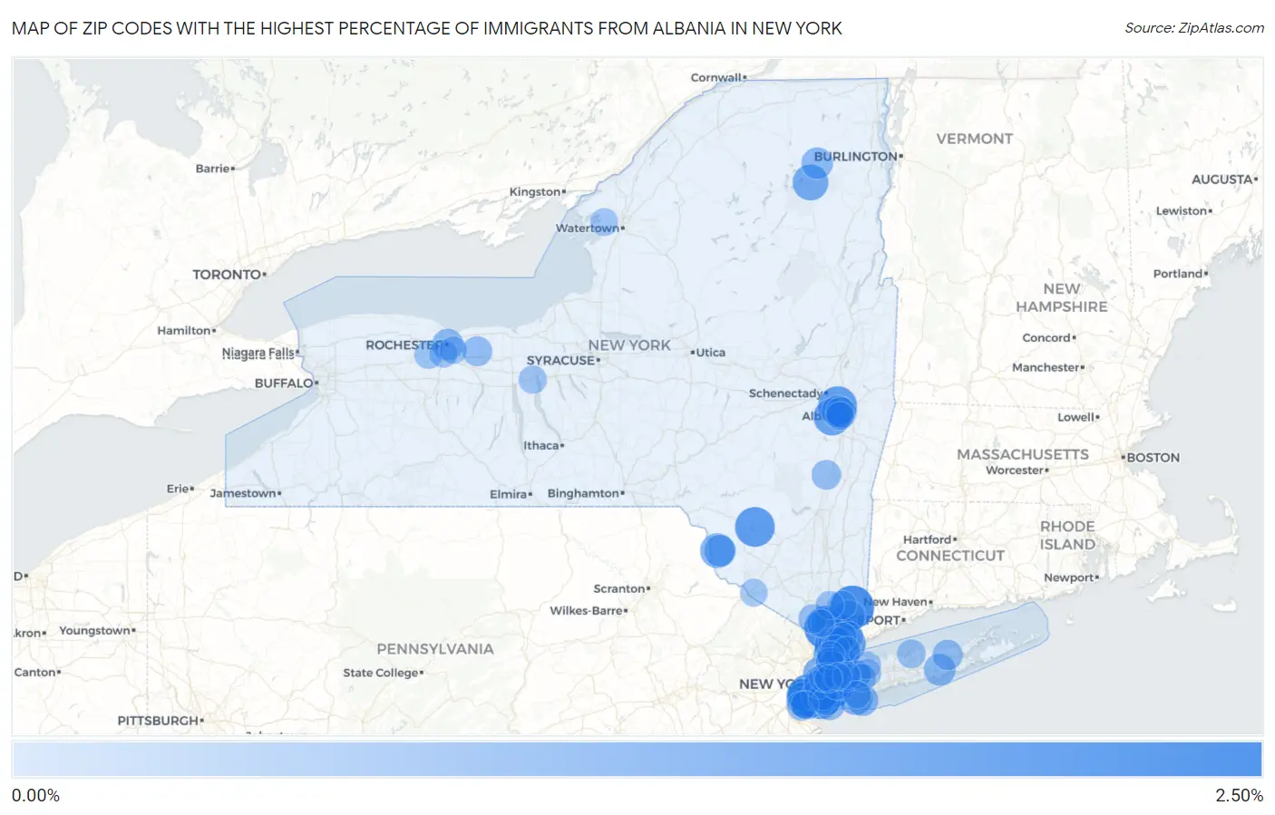 Zip Codes with the Highest Percentage of Immigrants from Albania in New York Map
