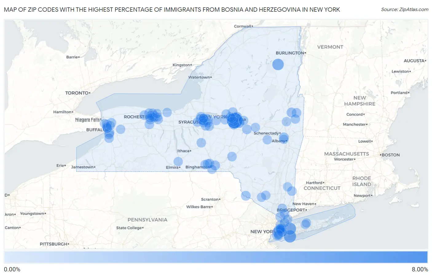 Zip Codes with the Highest Percentage of Immigrants from Bosnia and Herzegovina in New York Map