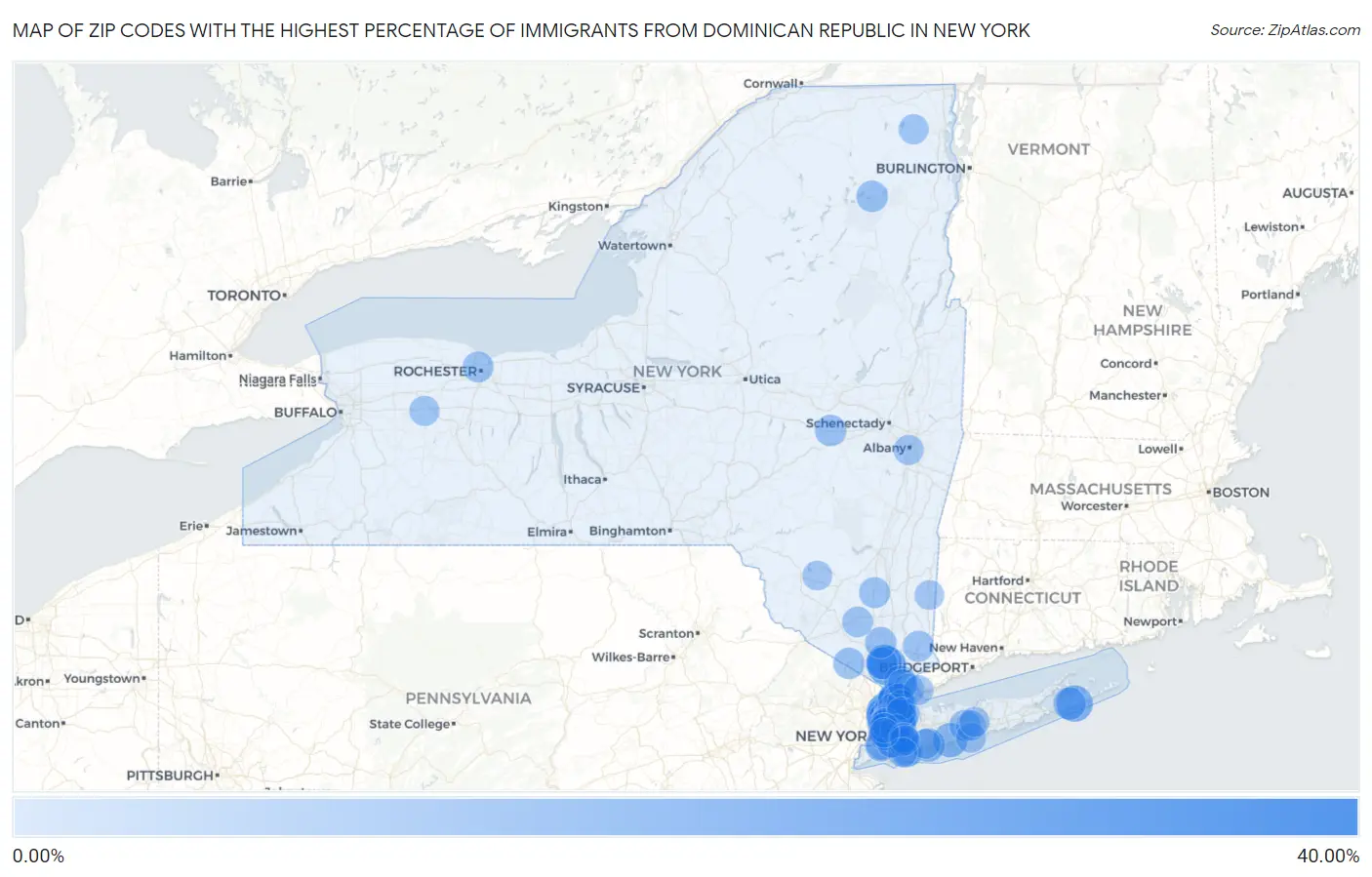 Zip Codes with the Highest Percentage of Immigrants from Dominican Republic in New York Map