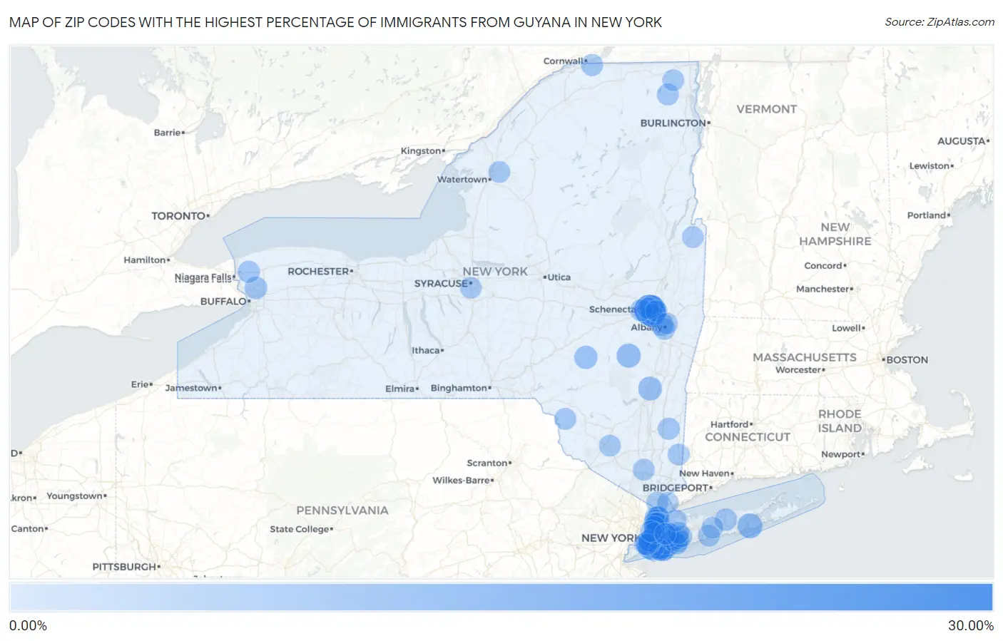 Zip Codes with the Highest Percentage of Immigrants from Guyana in New York Map