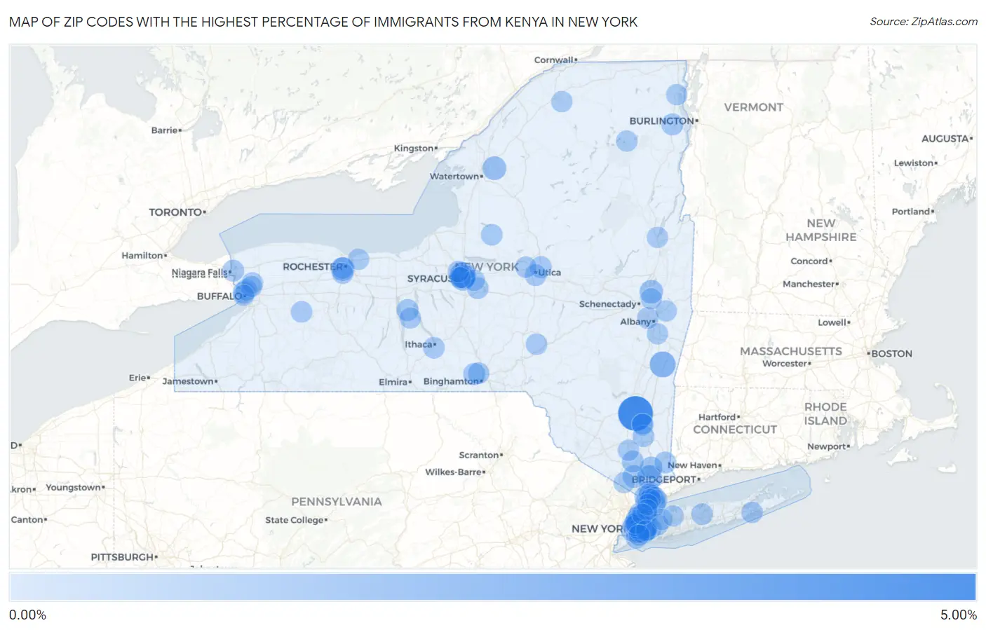 Zip Codes with the Highest Percentage of Immigrants from Kenya in New York Map