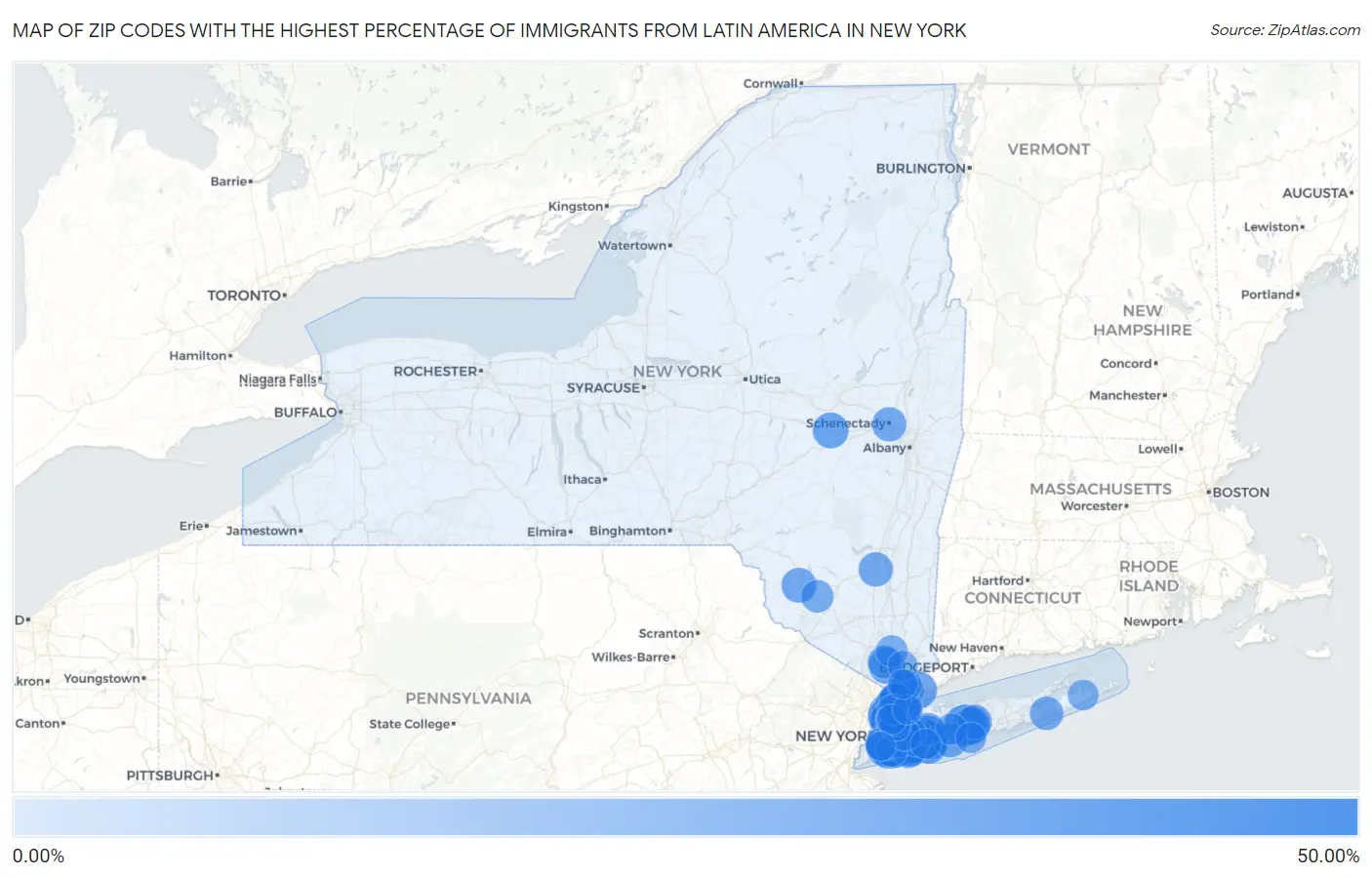 Zip Codes with the Highest Percentage of Immigrants from Latin America in New York Map