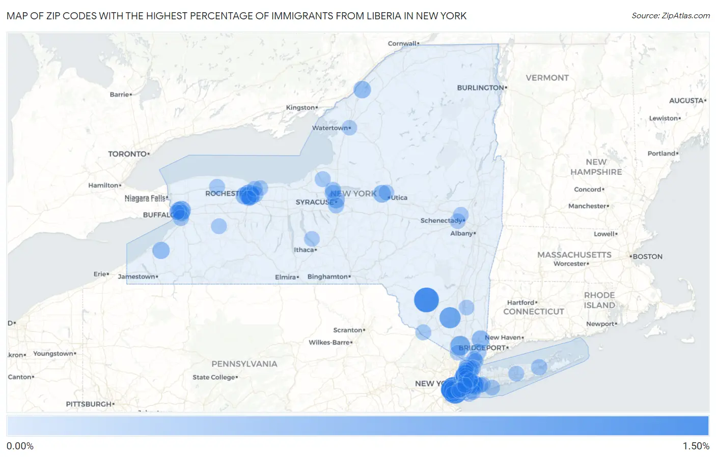 Zip Codes with the Highest Percentage of Immigrants from Liberia in New York Map