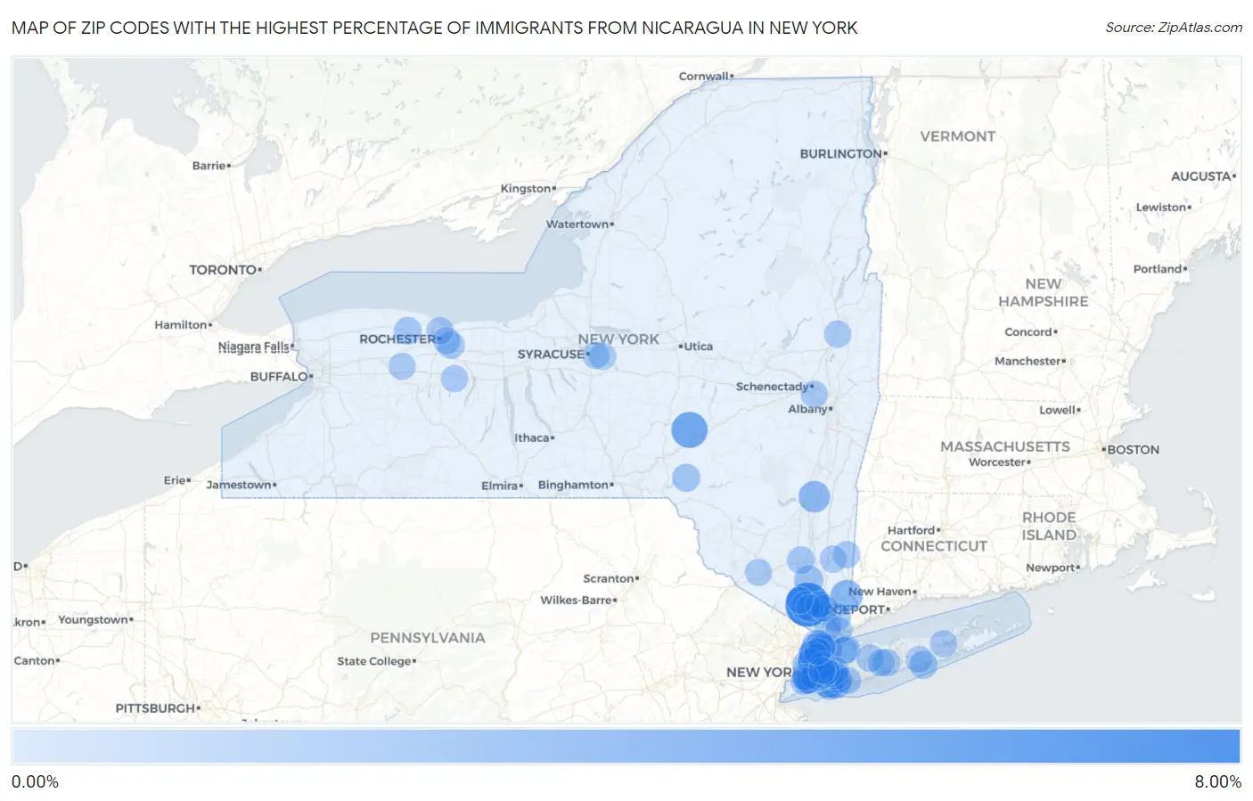 Zip Codes with the Highest Percentage of Immigrants from Nicaragua in New York Map