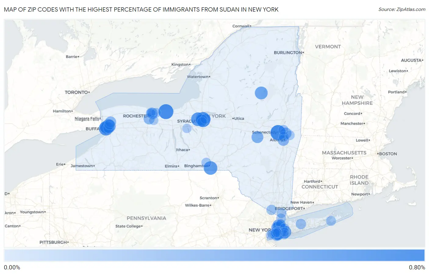 Zip Codes with the Highest Percentage of Immigrants from Sudan in New York Map