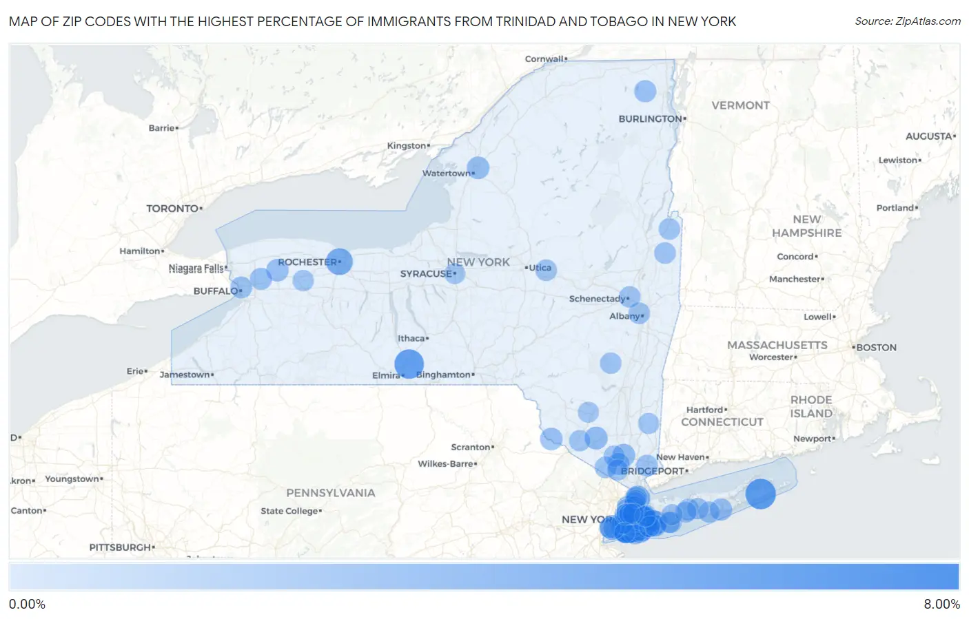 Zip Codes with the Highest Percentage of Immigrants from Trinidad and Tobago in New York Map