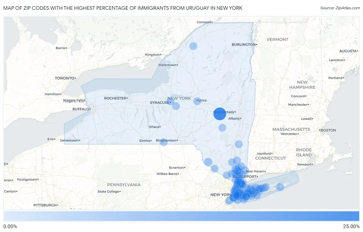 Zip Codes with the Highest Percentage of Immigrants from Uruguay in New York Map