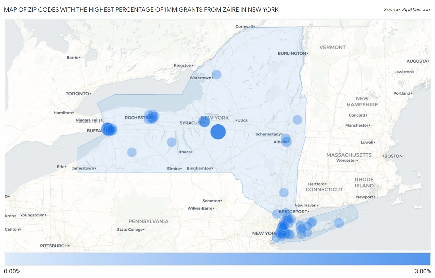 Zip Codes with the Highest Percentage of Immigrants from Zaire in New York Map