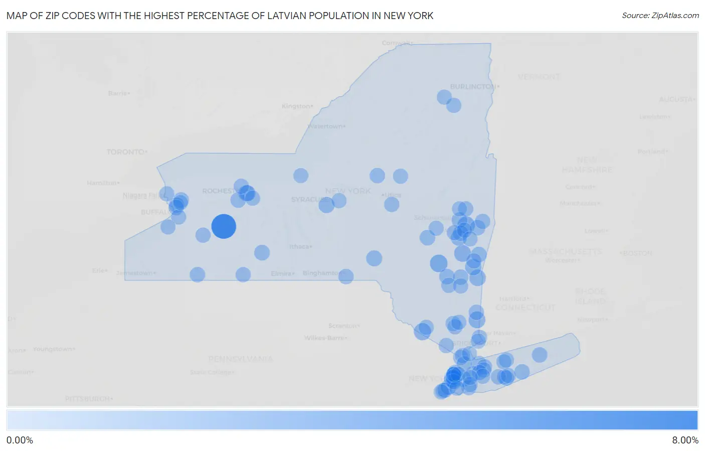 Zip Codes with the Highest Percentage of Latvian Population in New York Map