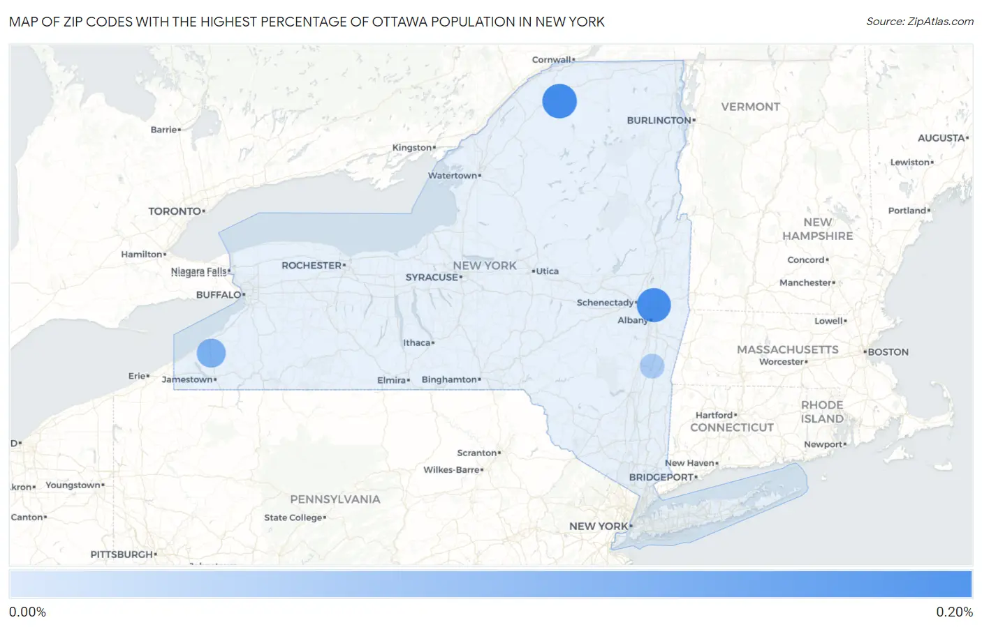 Zip Codes with the Highest Percentage of Ottawa Population in New York Map