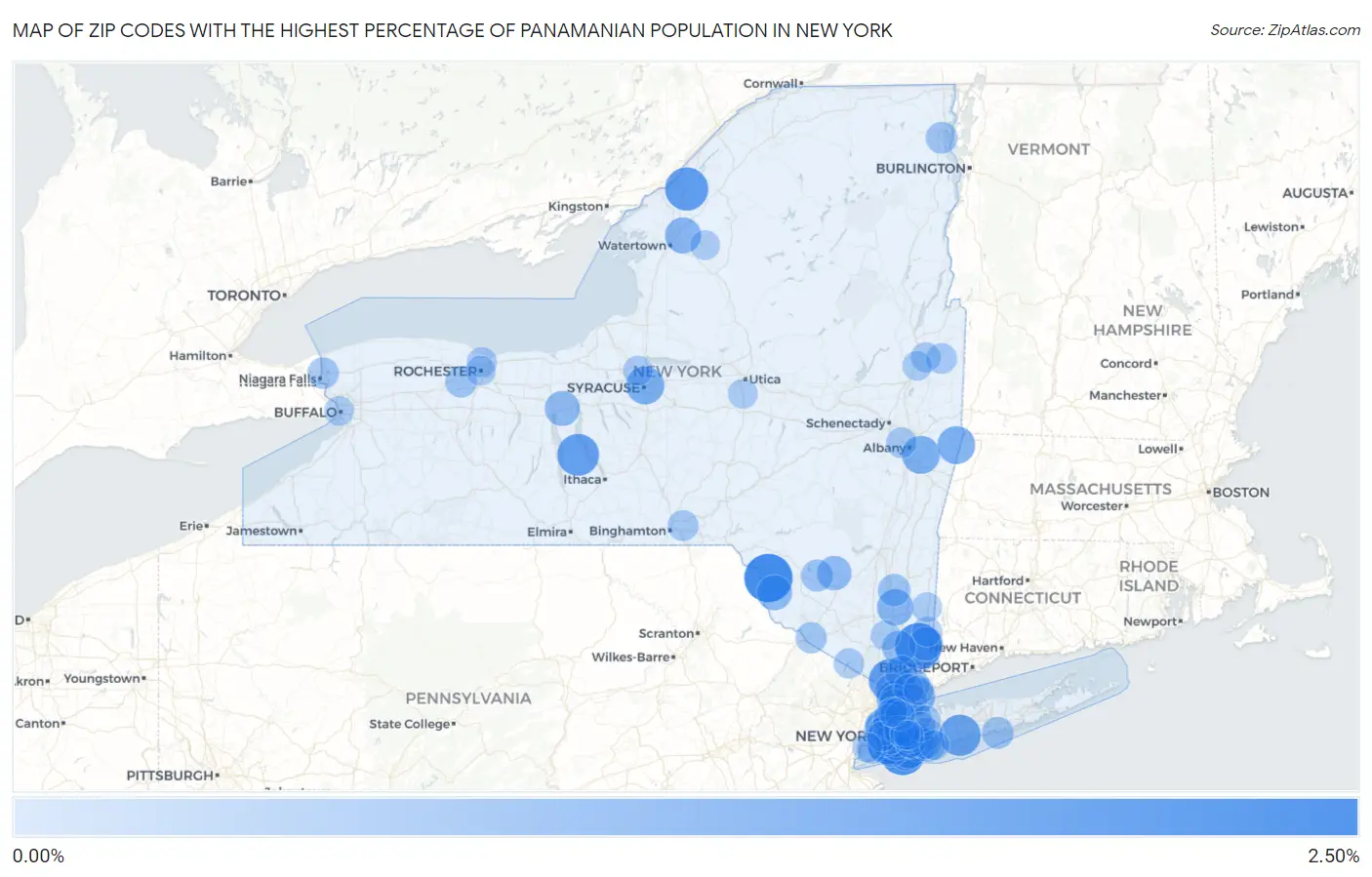 Zip Codes with the Highest Percentage of Panamanian Population in New York Map