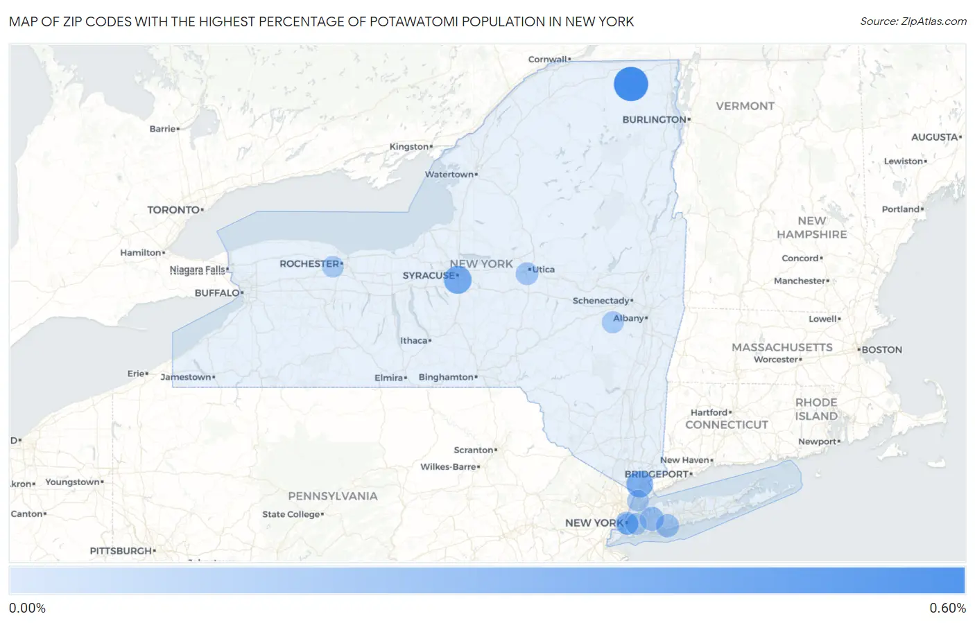 Zip Codes with the Highest Percentage of Potawatomi Population in New York Map