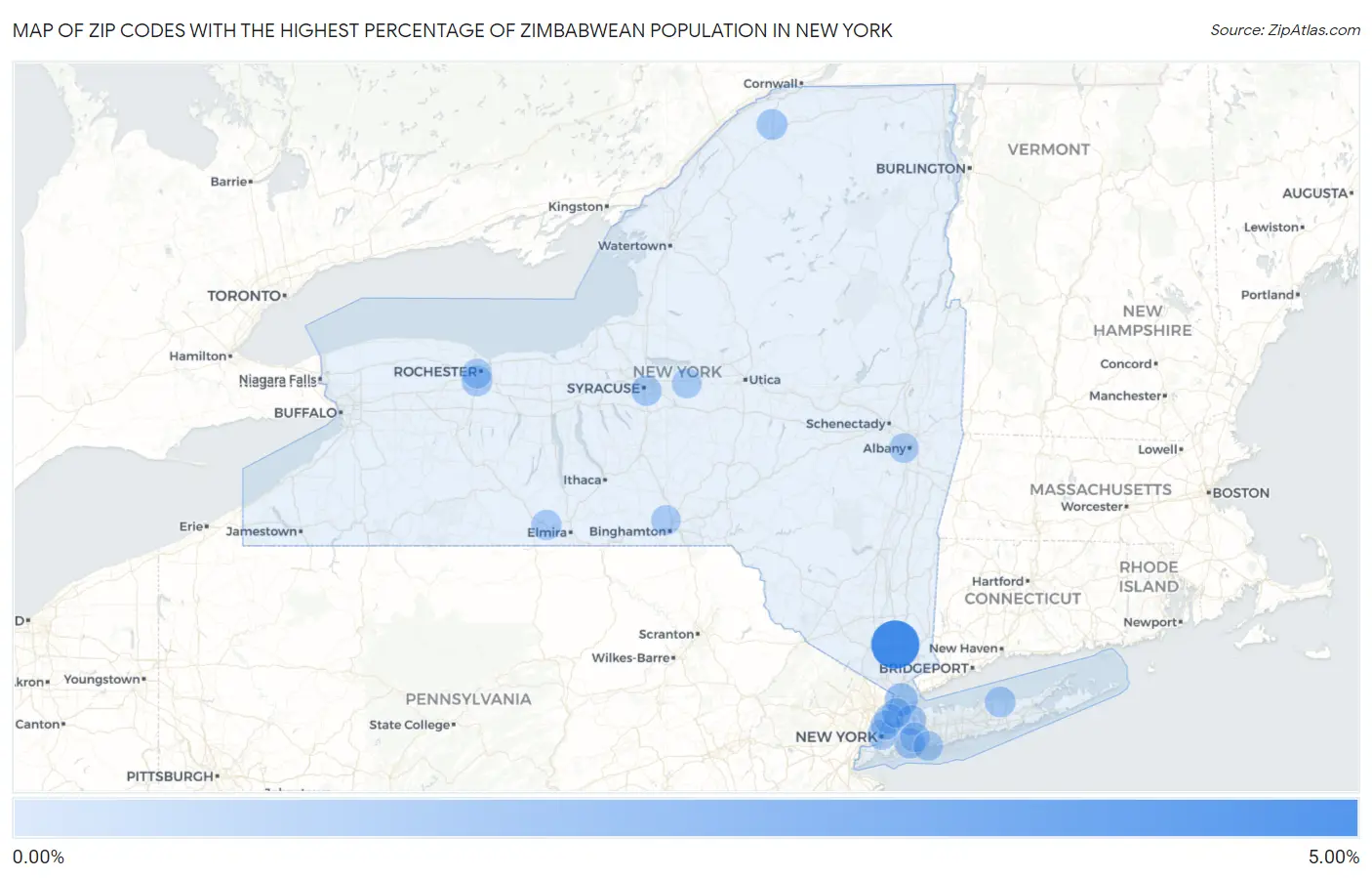 Zip Codes with the Highest Percentage of Zimbabwean Population in New York Map