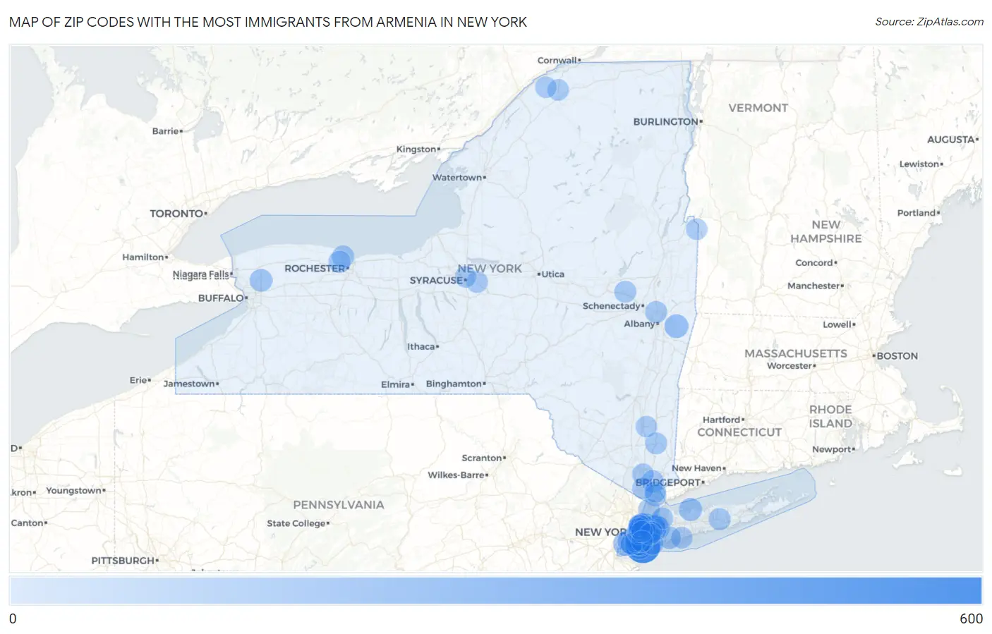 Zip Codes with the Most Immigrants from Armenia in New York Map