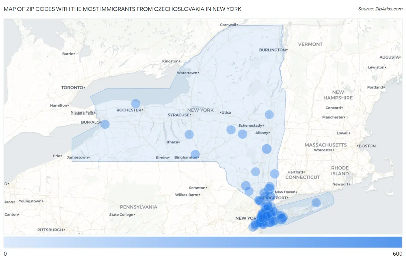 Zip Codes with the Most Immigrants from Czechoslovakia in New York Map