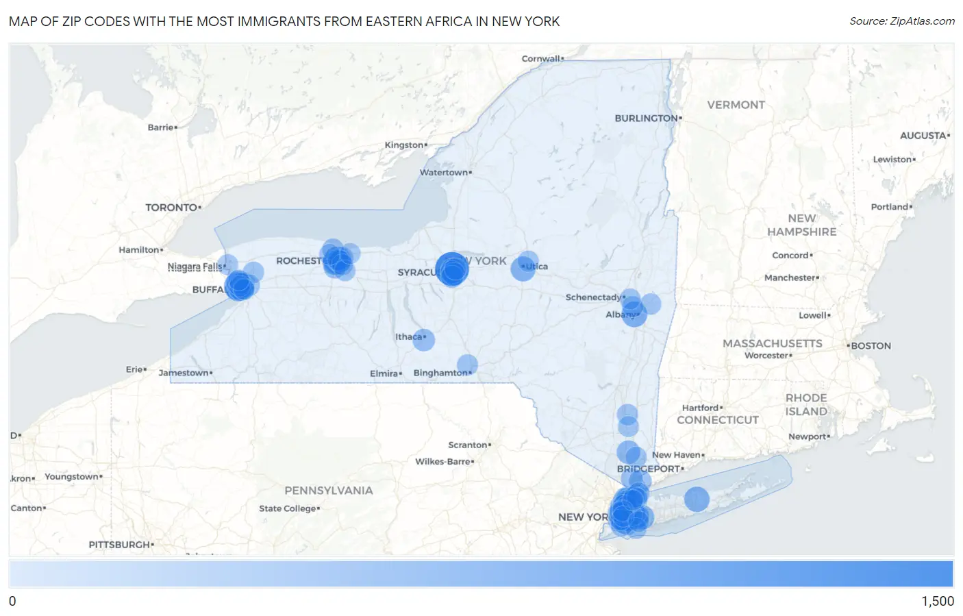 Zip Codes with the Most Immigrants from Eastern Africa in New York Map