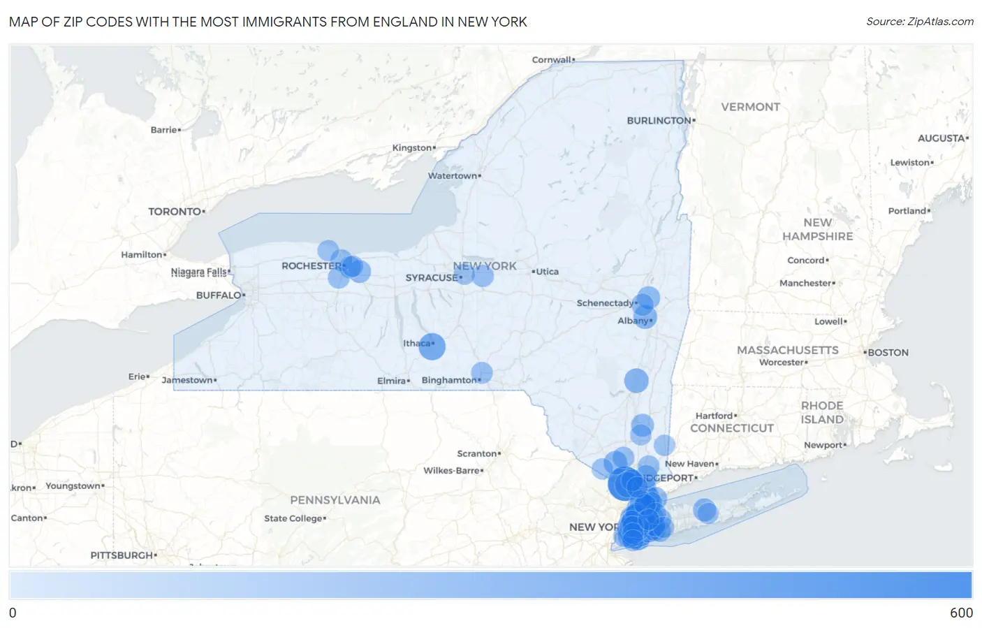 Zip Codes with the Most Immigrants from England in New York Map