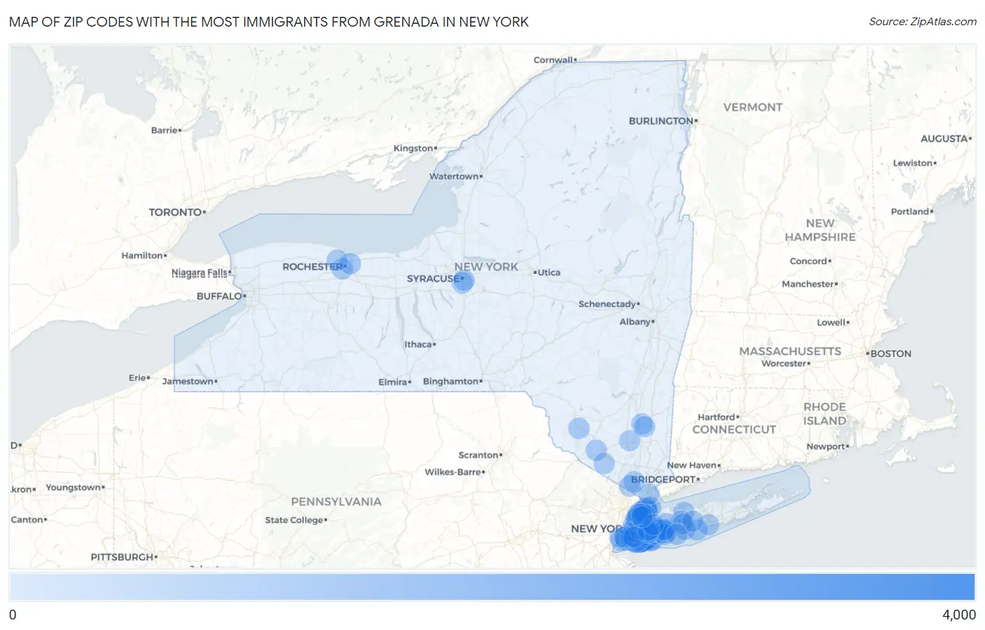 Zip Codes with the Most Immigrants from Grenada in New York Map