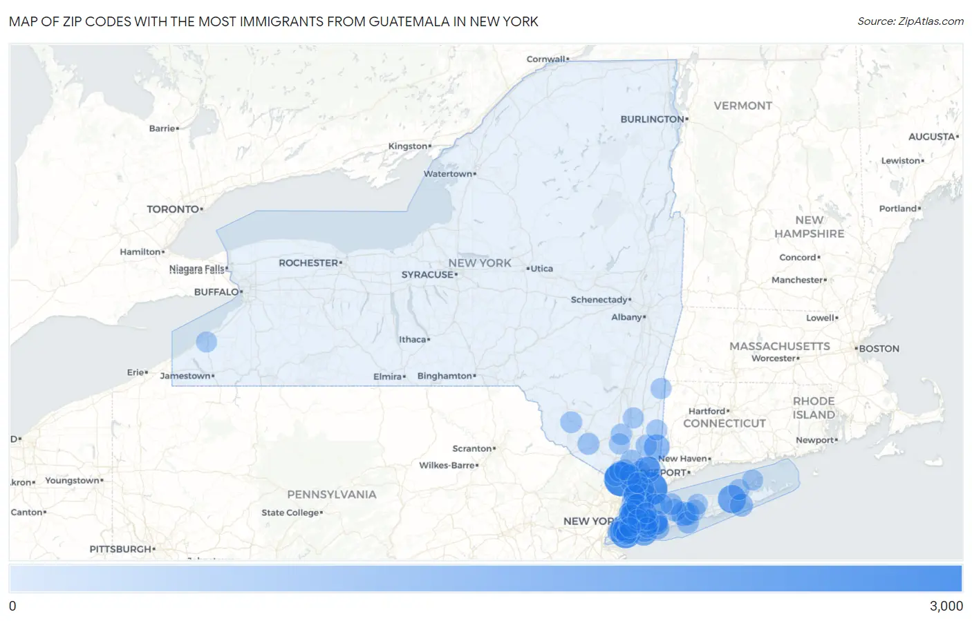 Zip Codes with the Most Immigrants from Guatemala in New York Map