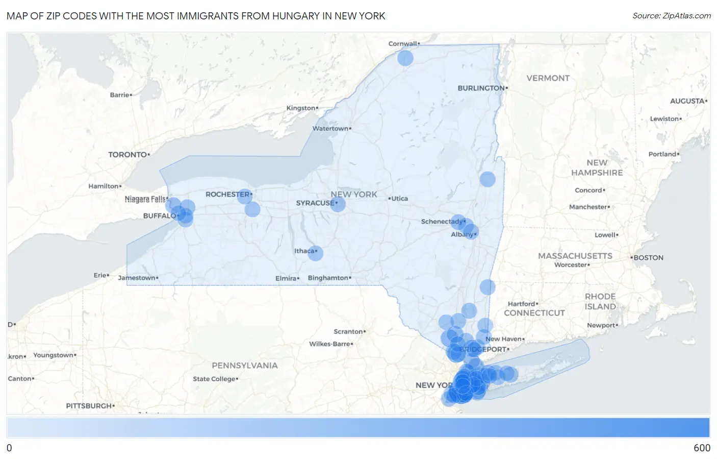 Zip Codes with the Most Immigrants from Hungary in New York Map