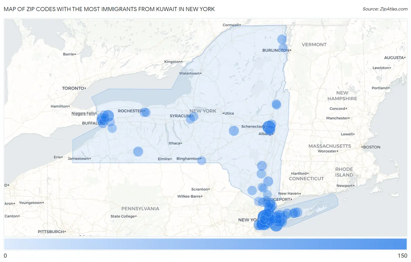 Zip Codes with the Most Immigrants from Kuwait in New York Map