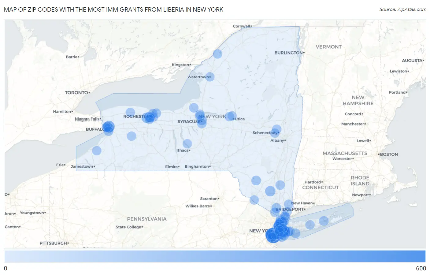 Zip Codes with the Most Immigrants from Liberia in New York Map