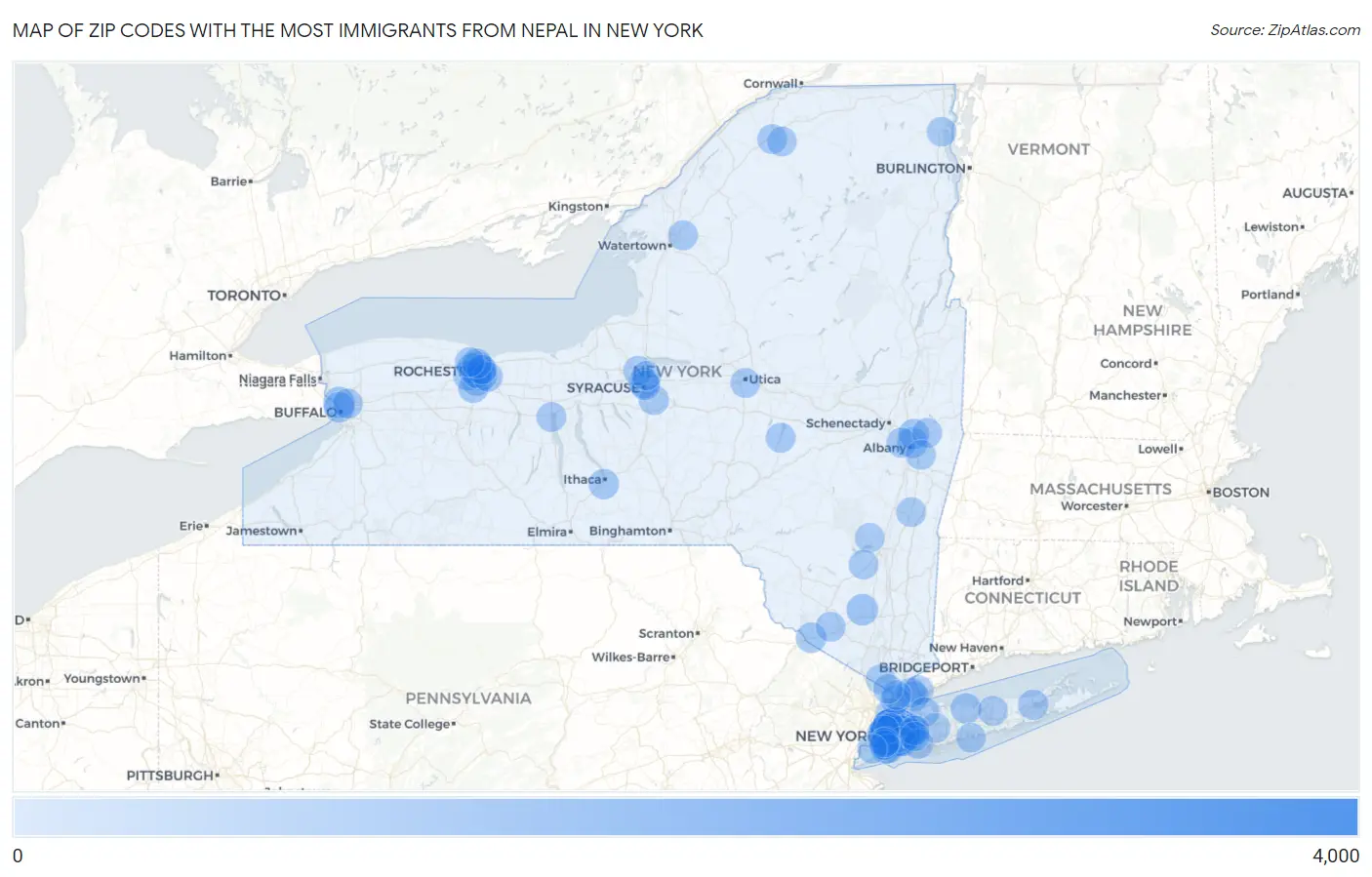Zip Codes with the Most Immigrants from Nepal in New York Map