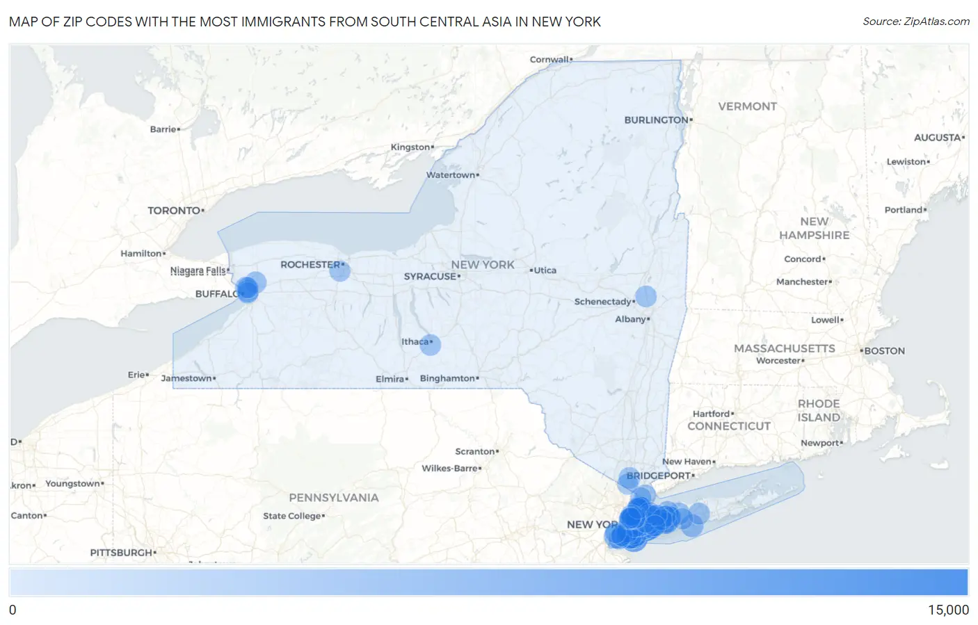 Zip Codes with the Most Immigrants from South Central Asia in New York Map