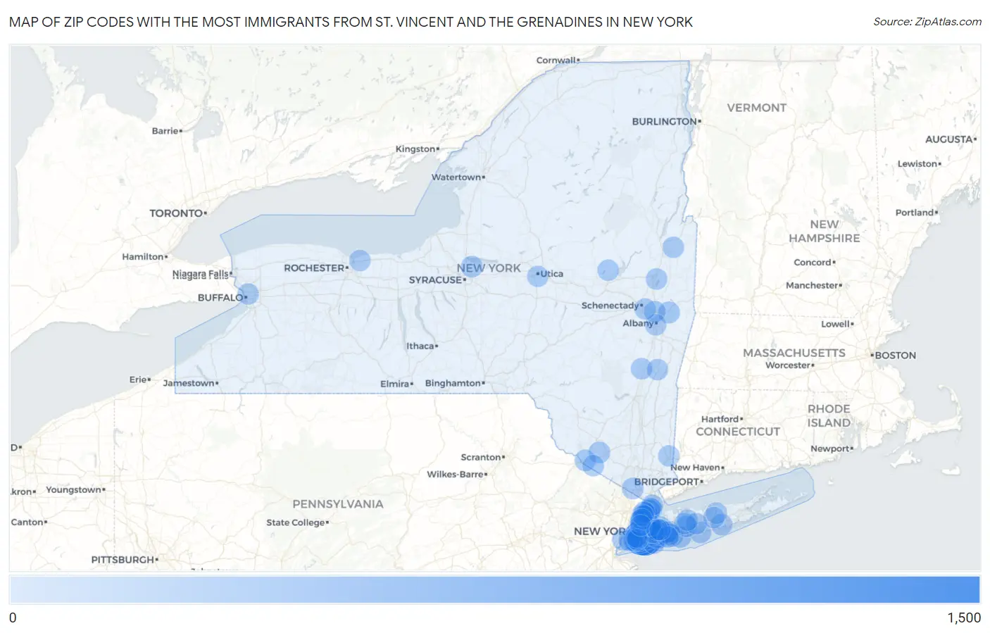 Zip Codes with the Most Immigrants from St. Vincent and the Grenadines in New York Map