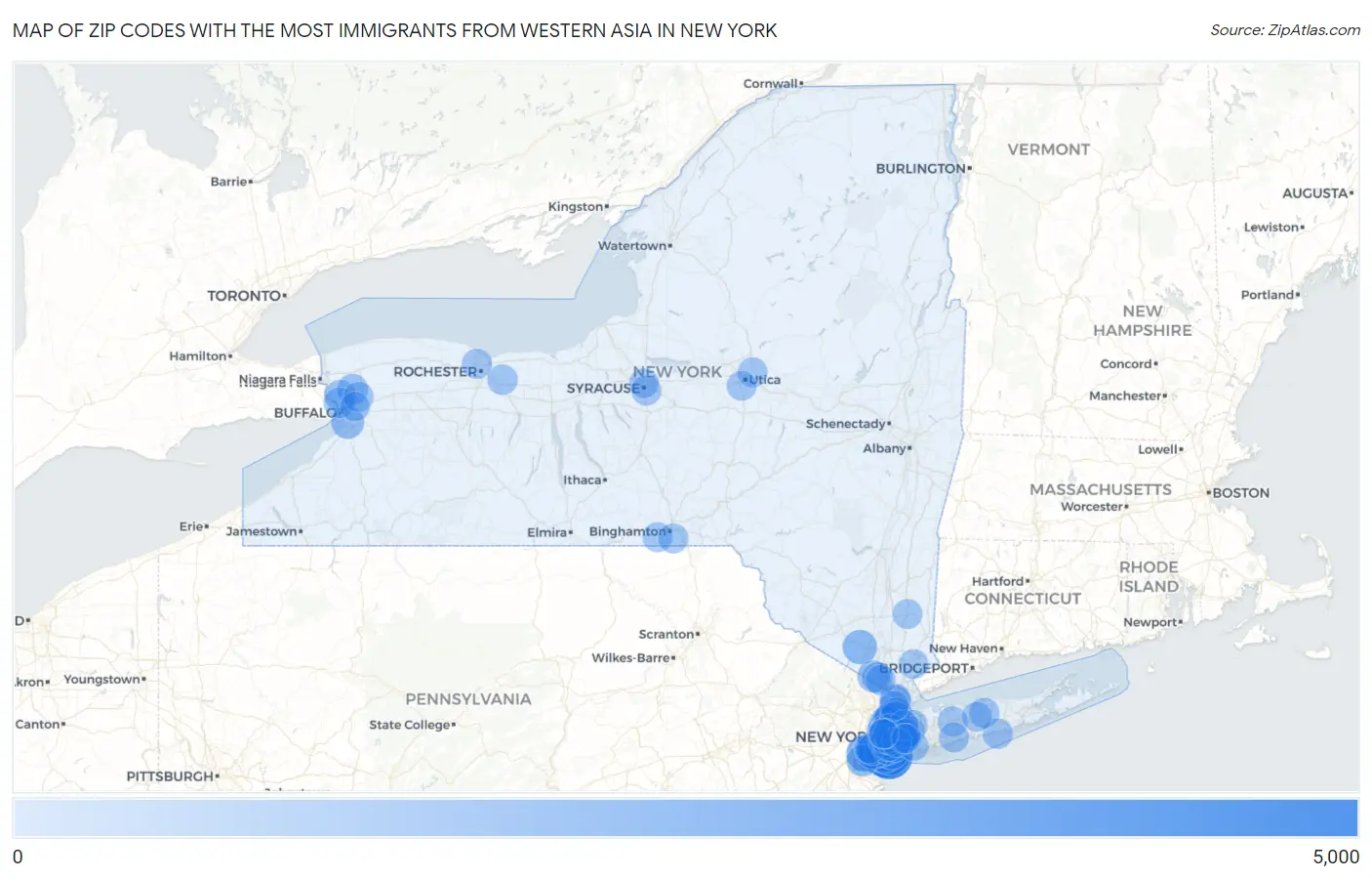 Zip Codes with the Most Immigrants from Western Asia in New York Map