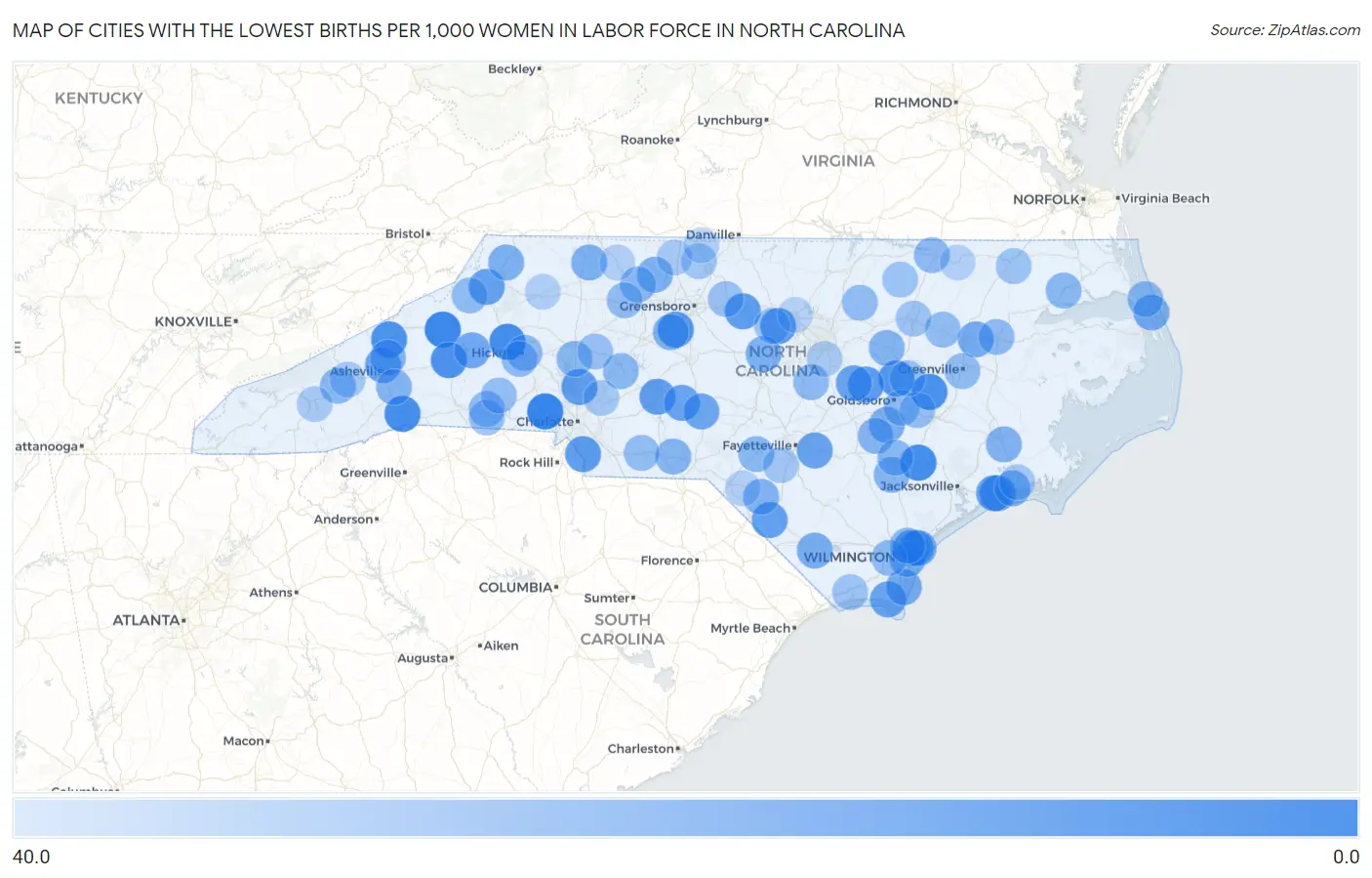 Cities with the Lowest Births per 1,000 Women in Labor Force in North Carolina Map